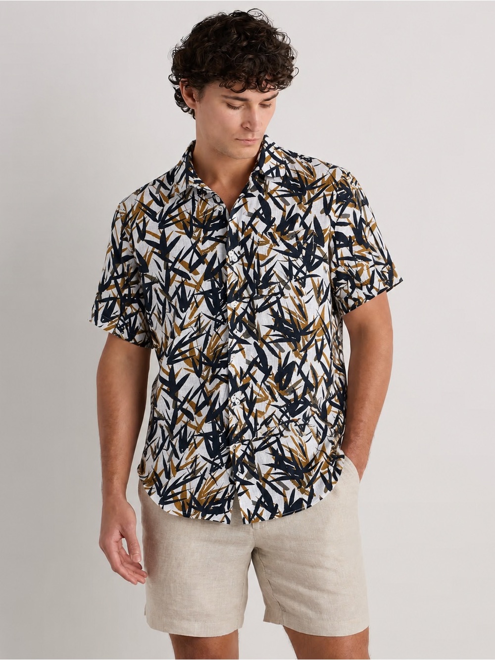Theory Men’s Linen Short Sleeve Printed Button Up Collared Shirt Size XL 1143